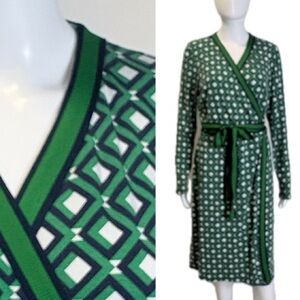 Hobbs London Jasmine Geometric Print Wrap Jersey Dress Size 10 Long Sleeve Green